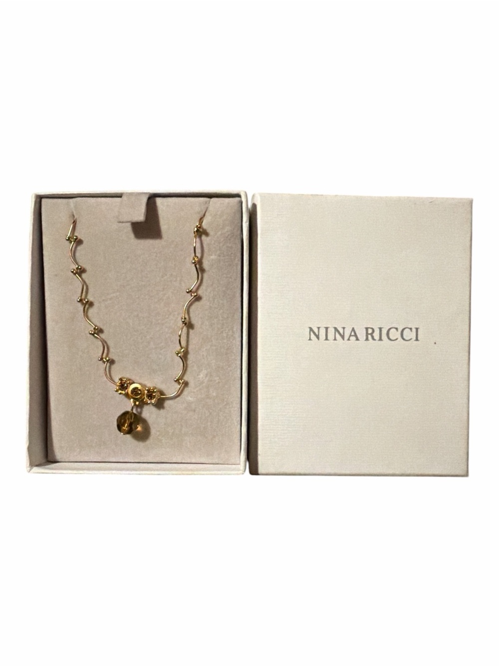 NWT Vintage Nina Ricci Paris Gold & Crystal Pendant Necklace Boxed